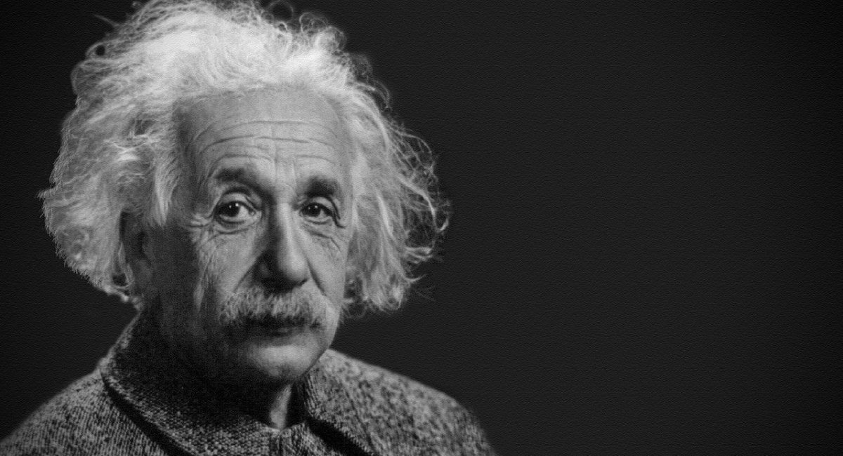 A black-and-white photo of Albert Einstein