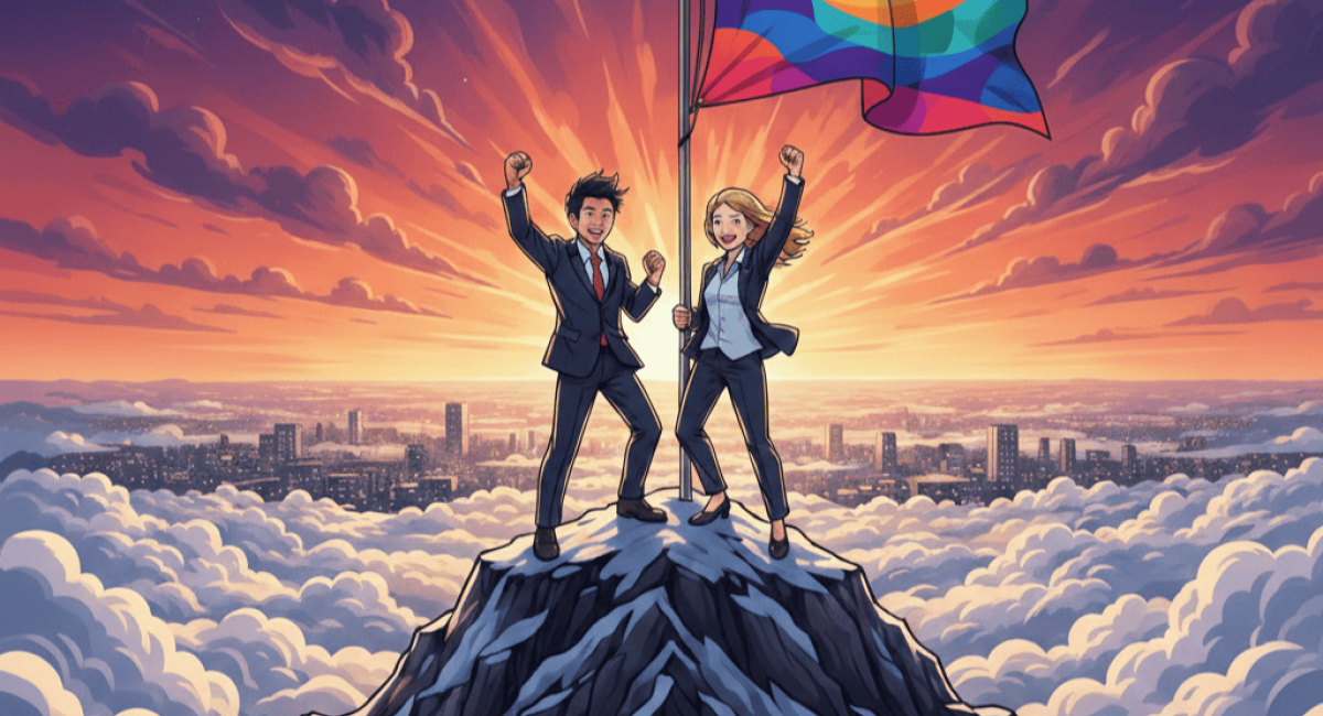 山を登頂した2人の若手ビジネスパーソンのイラスト。彼らは山頂に立ち、カラフルな旗を掲げながら、ガッツポーズ（空に向かってパンチ）をしています。