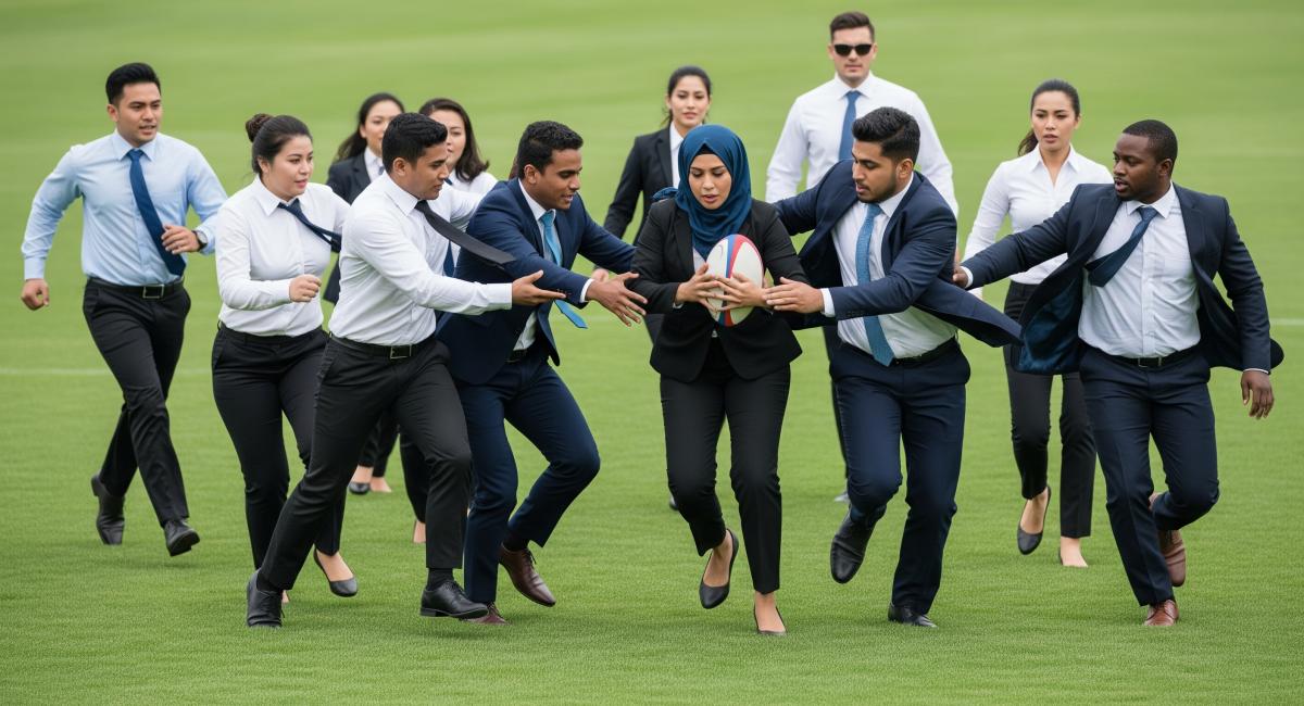 Multicultural businesspeople playing rugby