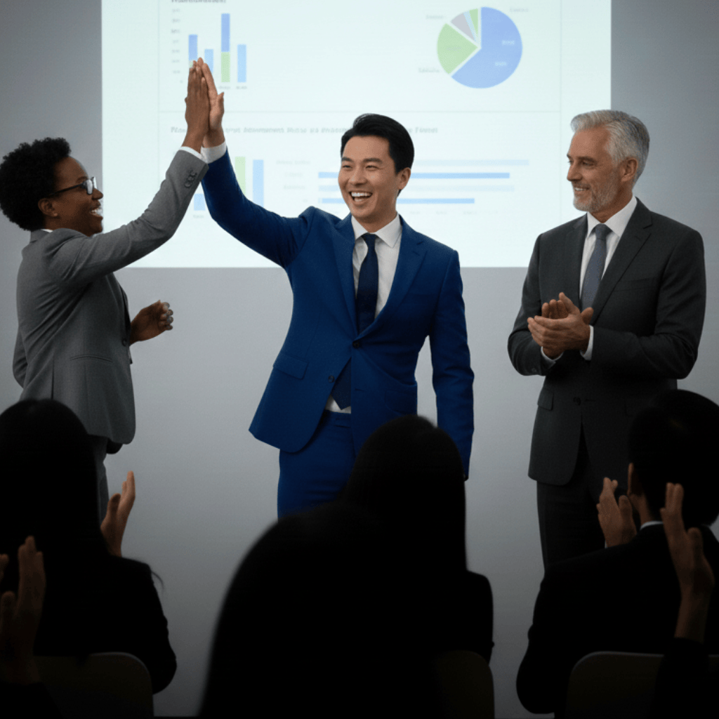 Two presenters give each other a high five. The presentation is done and they are celebrating.