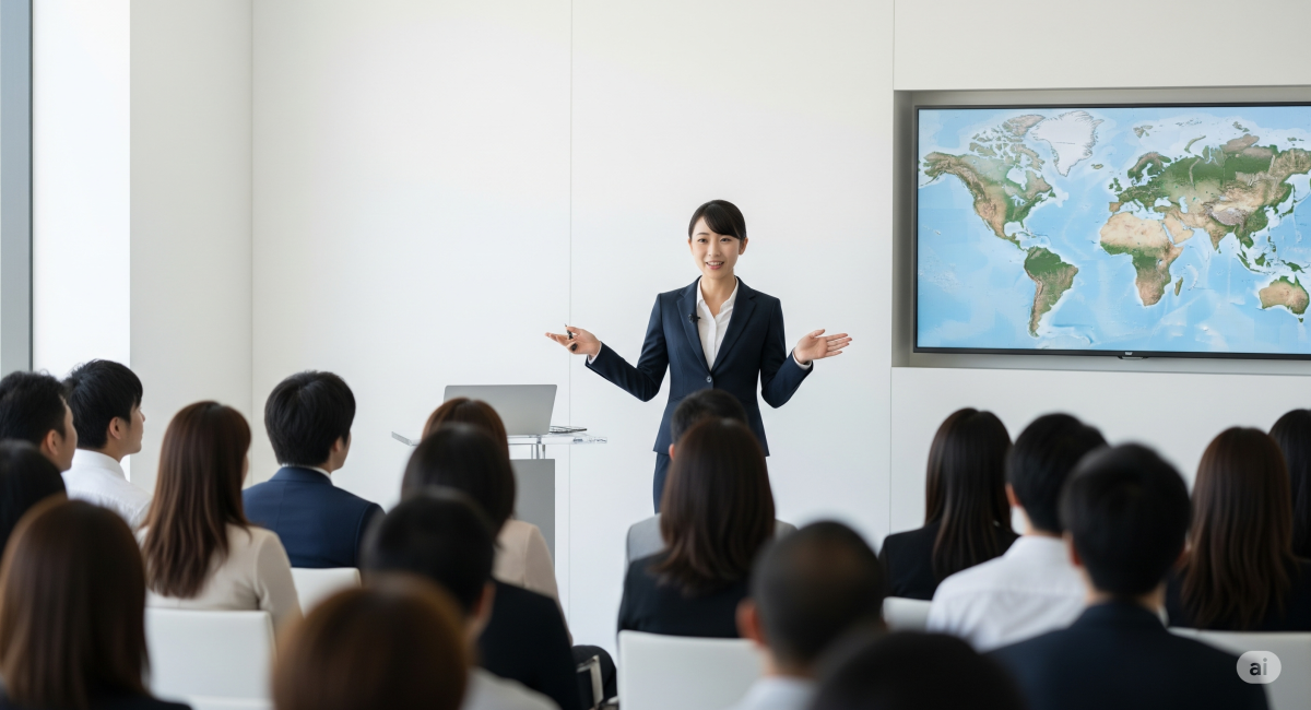 Japanese woman giving presentation