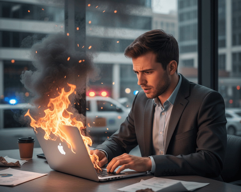 A man in a business suit works on his laptop, which is on fire.