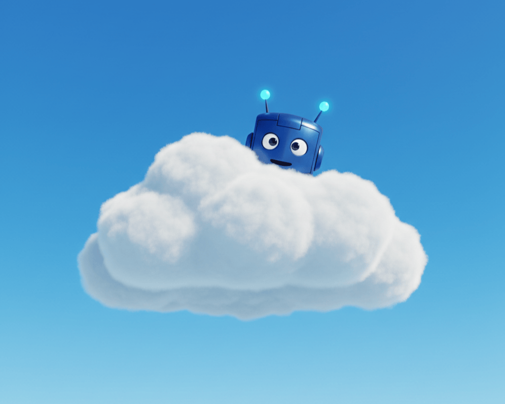 A blue cartoon robot peeks out from behind a fluffy white cloud