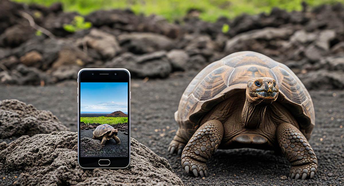 Smartphone leaning on a rock next to a Galapagos tortoise