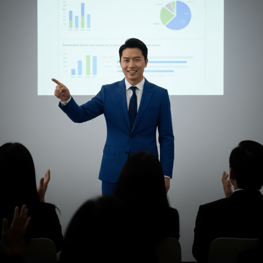 A young businessman takes a question at the end of his presentation.