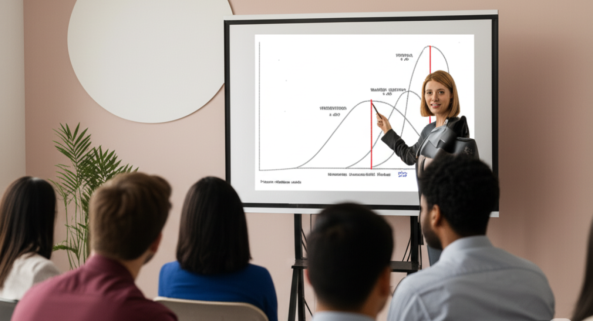 Business woman presenting a graph about mastery learning and 2 sigma