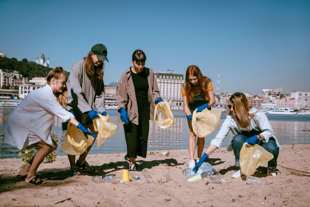 A group people collecting plastic waste on the beach