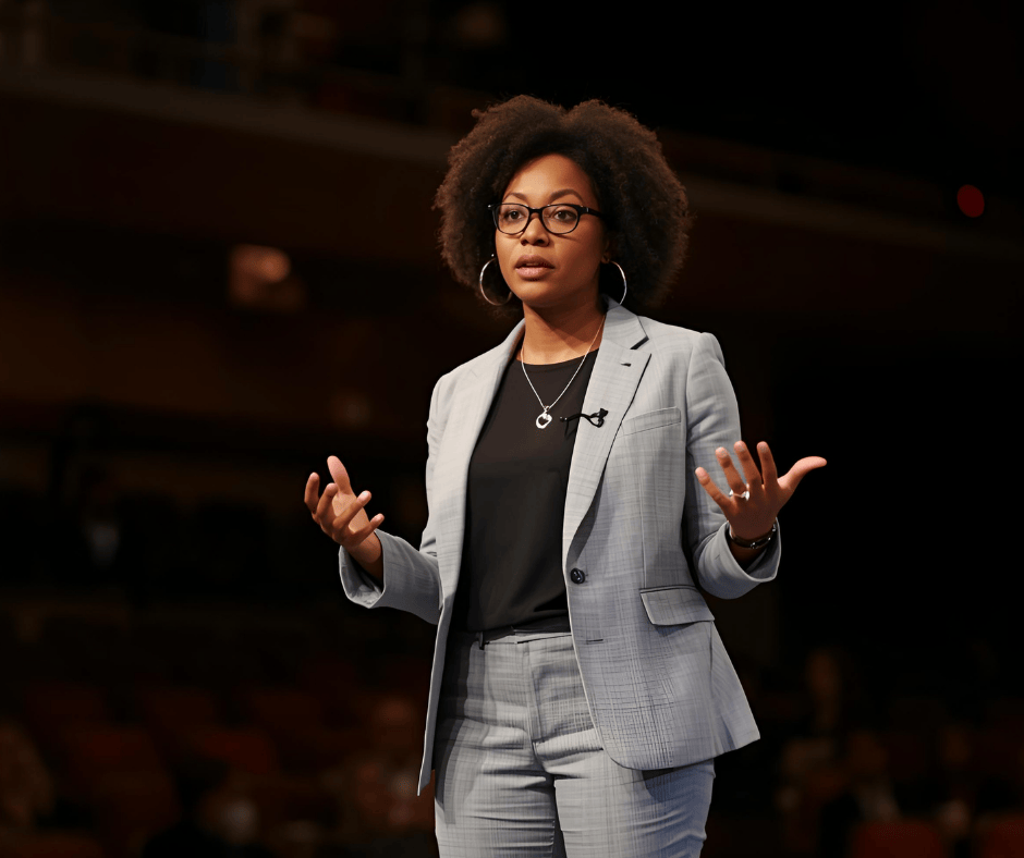 A consultant presents. She gestures widely. 