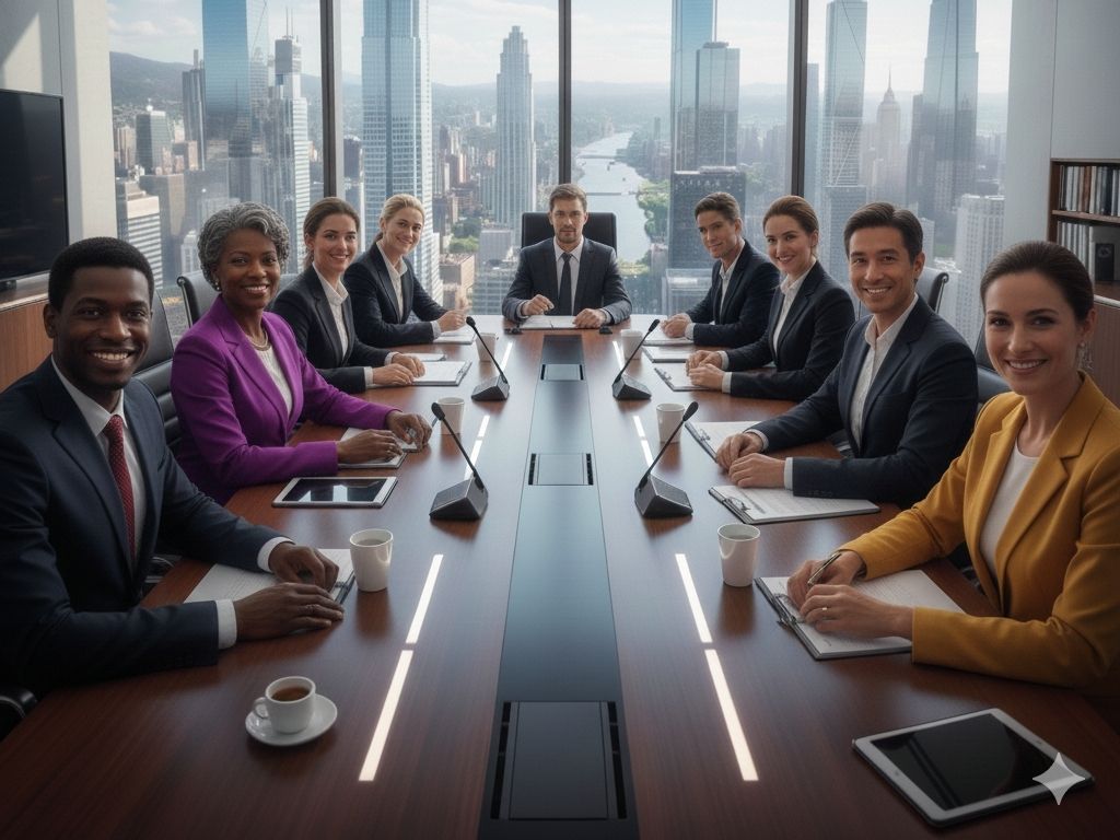 A captivated audience sits around a board table looking straight at the viewer