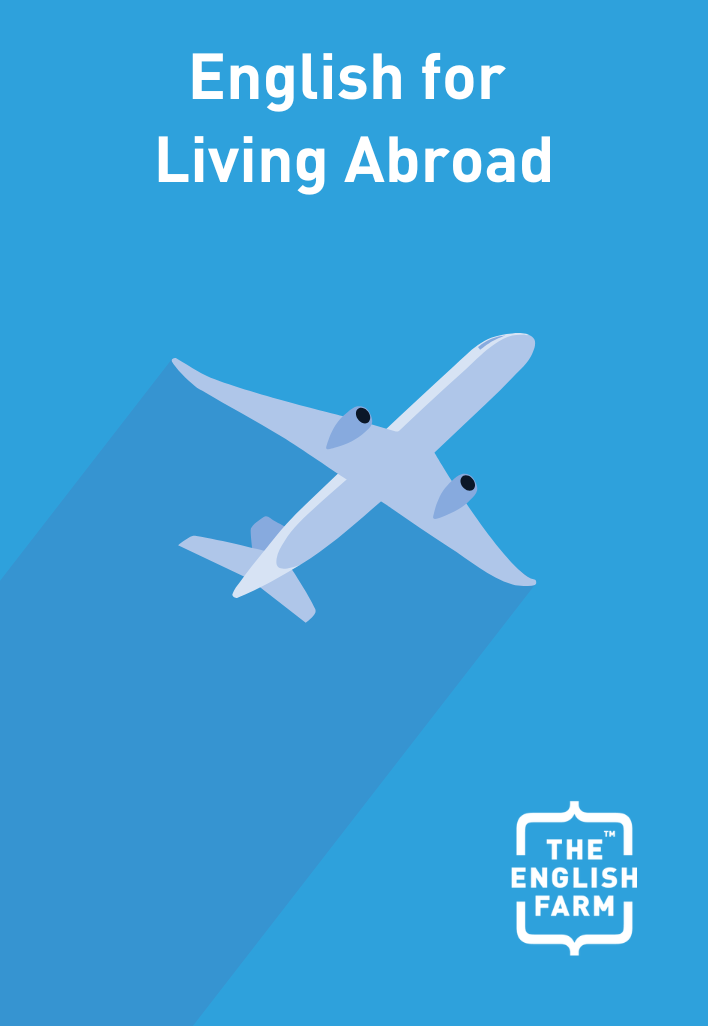 青い背景をバックに、離陸する飛行機のイラストが描かれた、海外生活のための英語コースのブックカバ