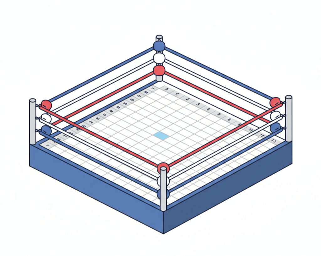 A wrestling ring with a spreadsheet for a mat