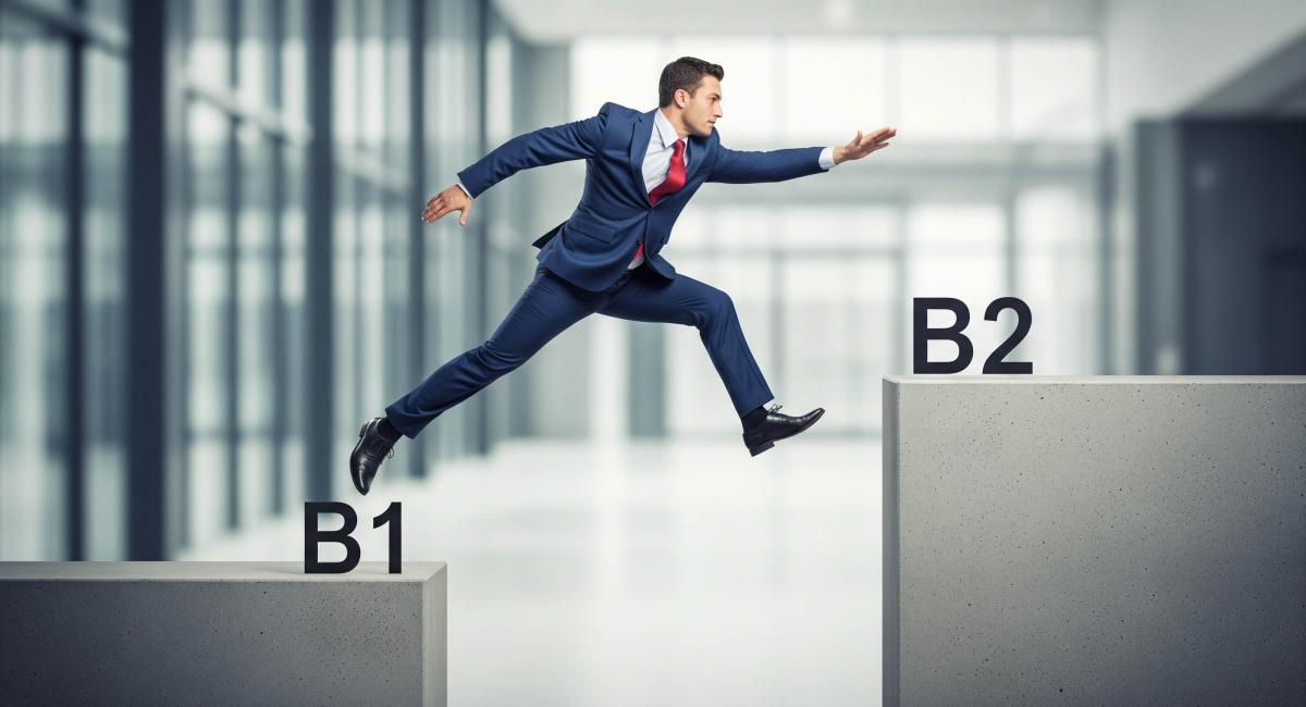 Business person jumping from level B1 to B2