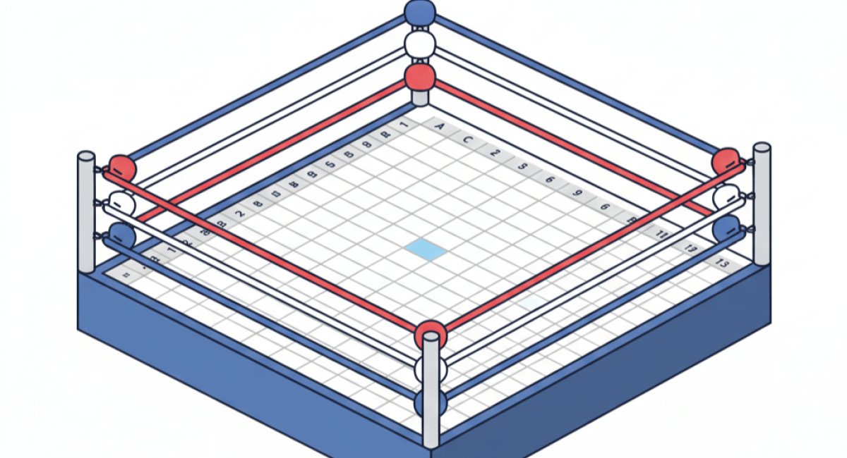 A wrestling ring with a spreadsheet for a mat