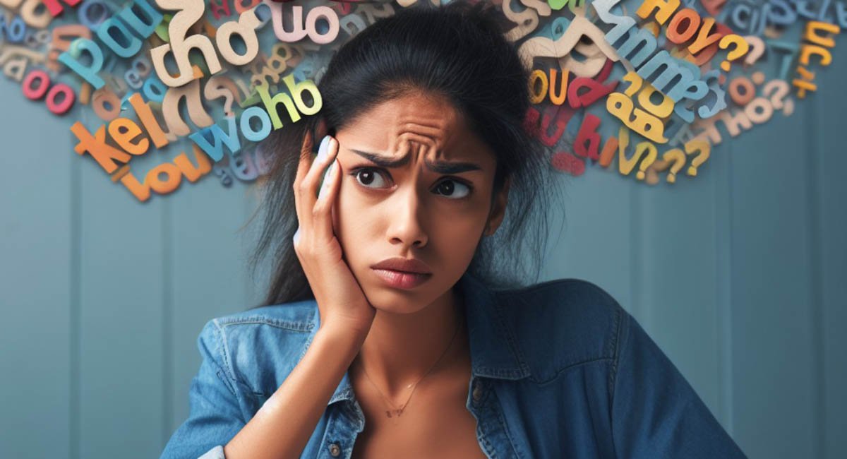 woman looking confused, background with mixed-up letters