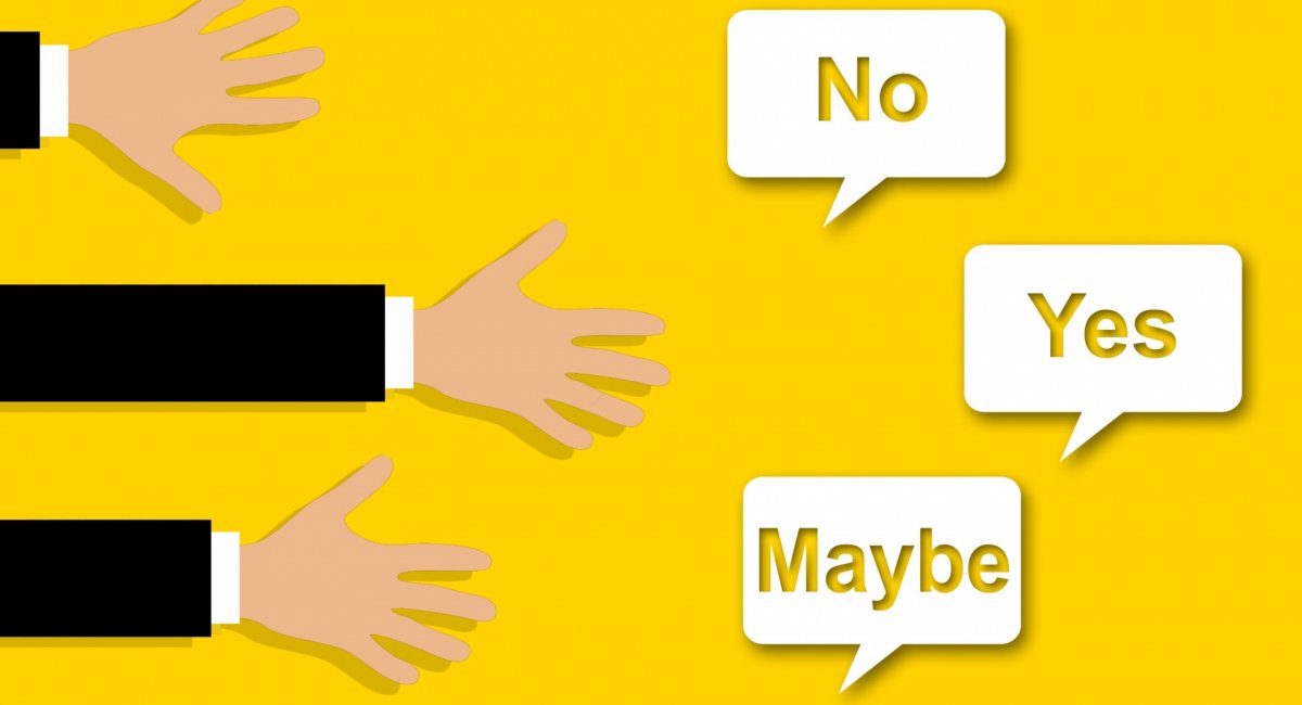 Color illustration with 3 hands pointing to "No", "Yes", and "Maybe", on yellow background